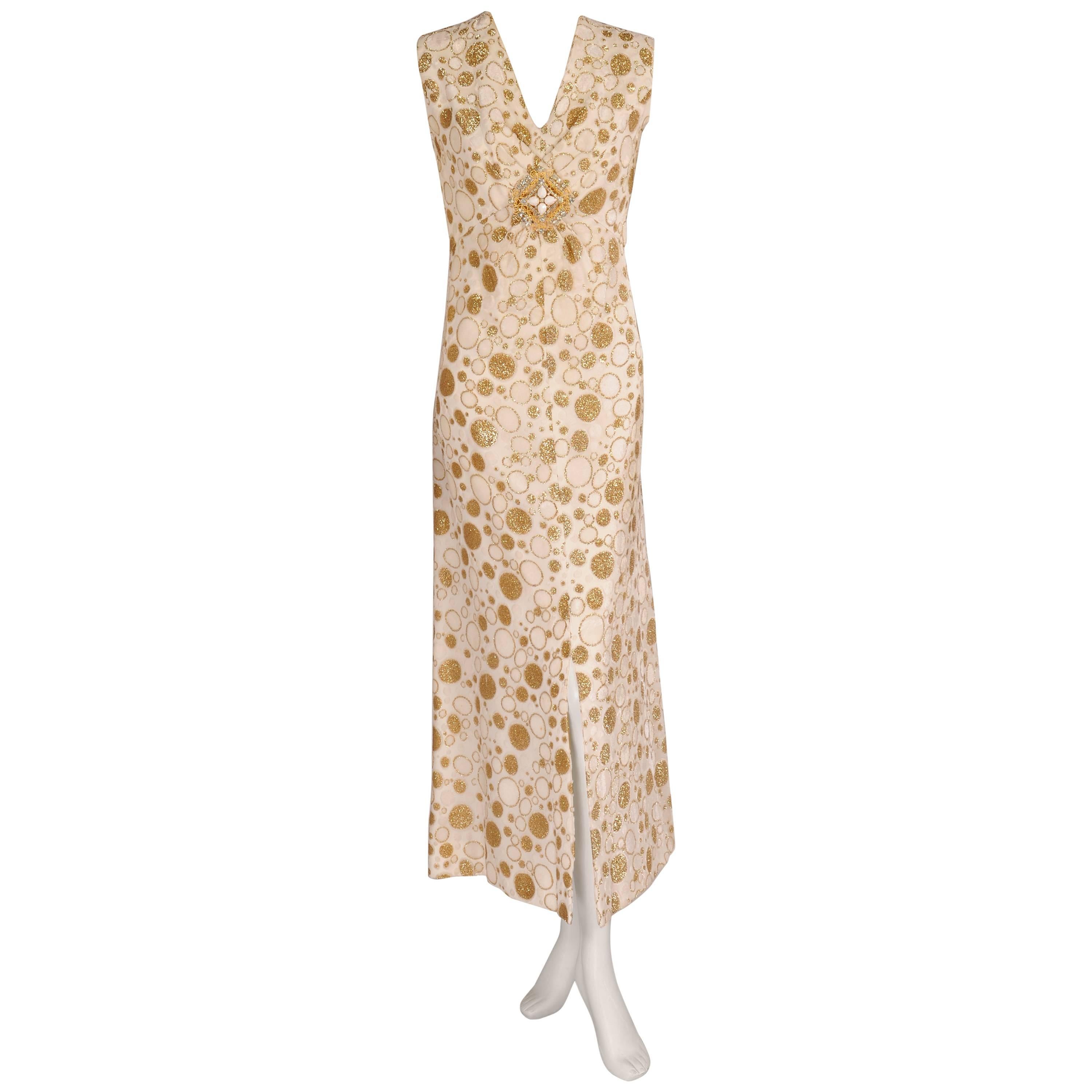 Carrie Couture 1960's Gold and White Velvet and Lurex Chiffon Dress with Jewel  For Sale