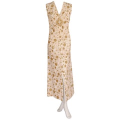Carrie Couture 1960's Gold and White Velvet and Lurex Chiffon Dress with Jewel