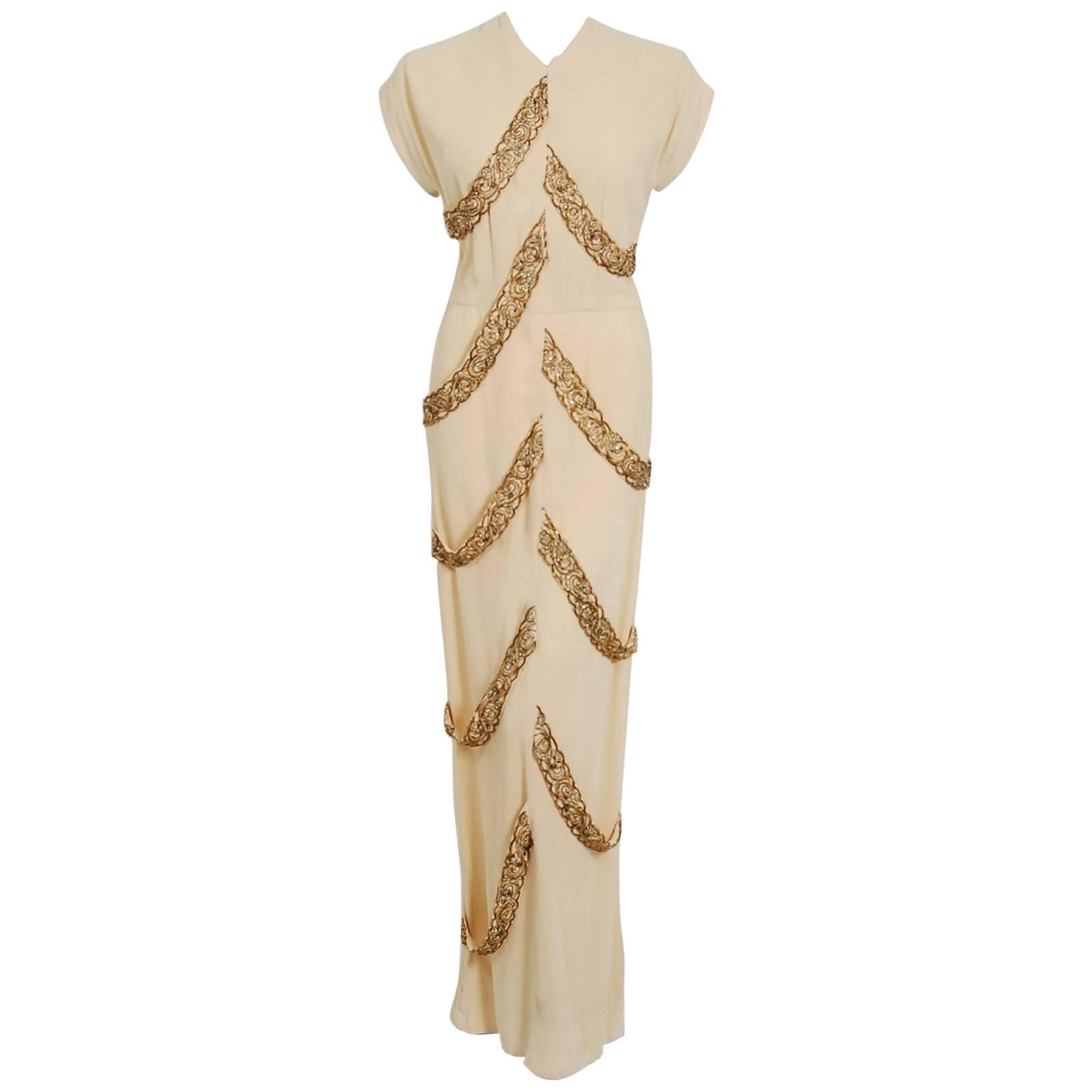 1940's Anna Miller Pale-Yellow Beaded Embroidered Crepe Carwash Panels Gown