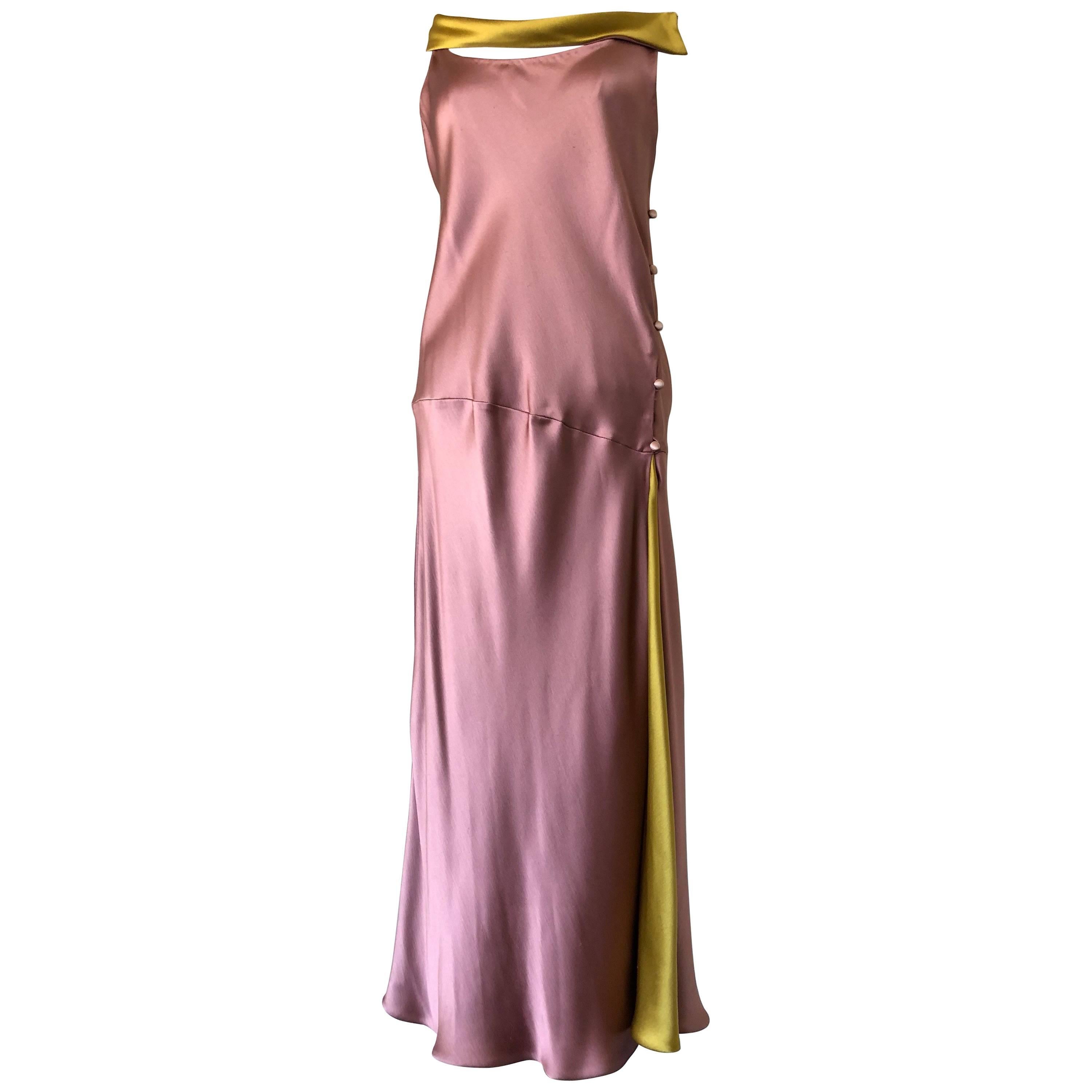 1990s Bill Blass 2 Tone Silk Charmeuse Dress In Mauve and Burnished Gold