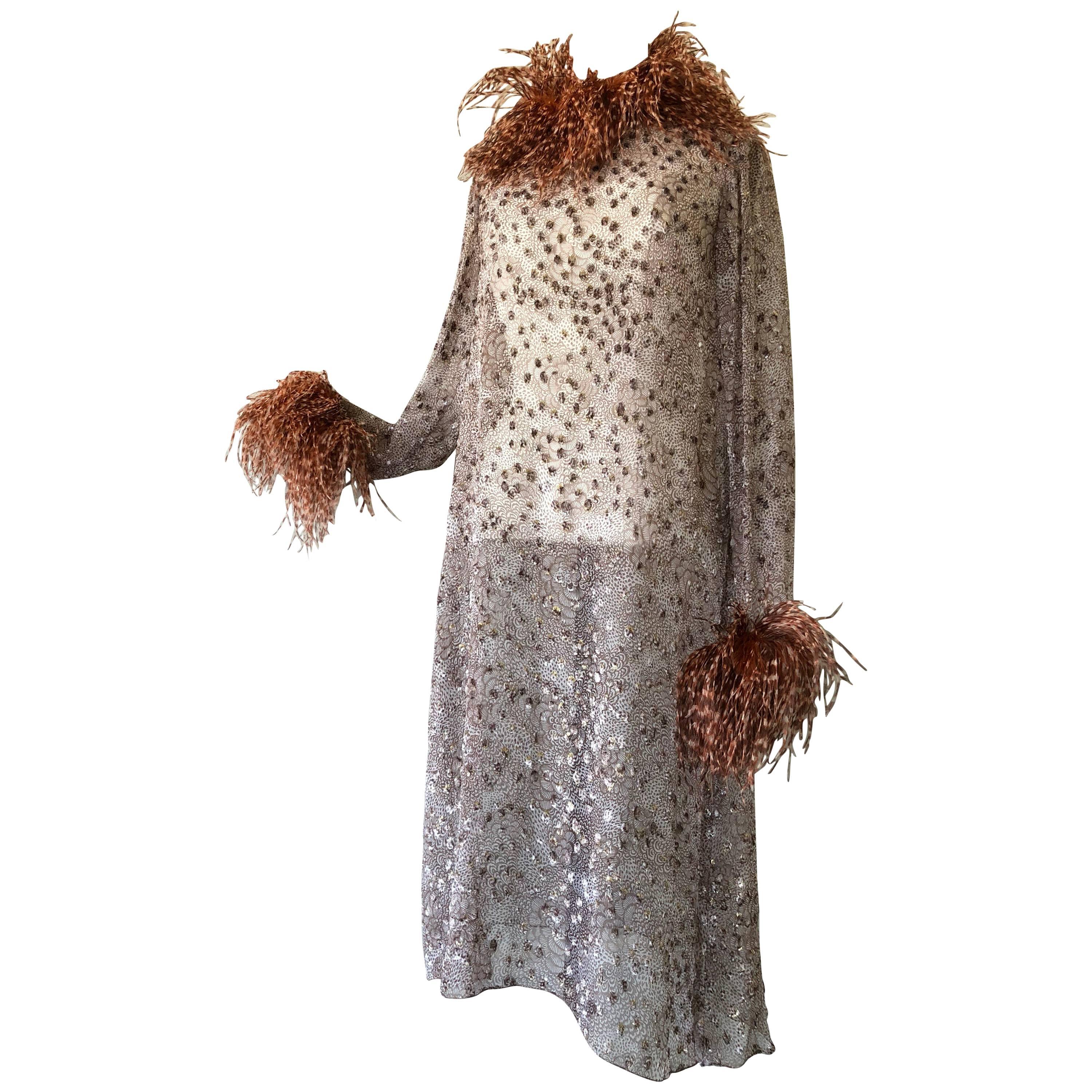 1970s Ruben Panis Flocked Silk Chiffon & Feather Dress For Sale