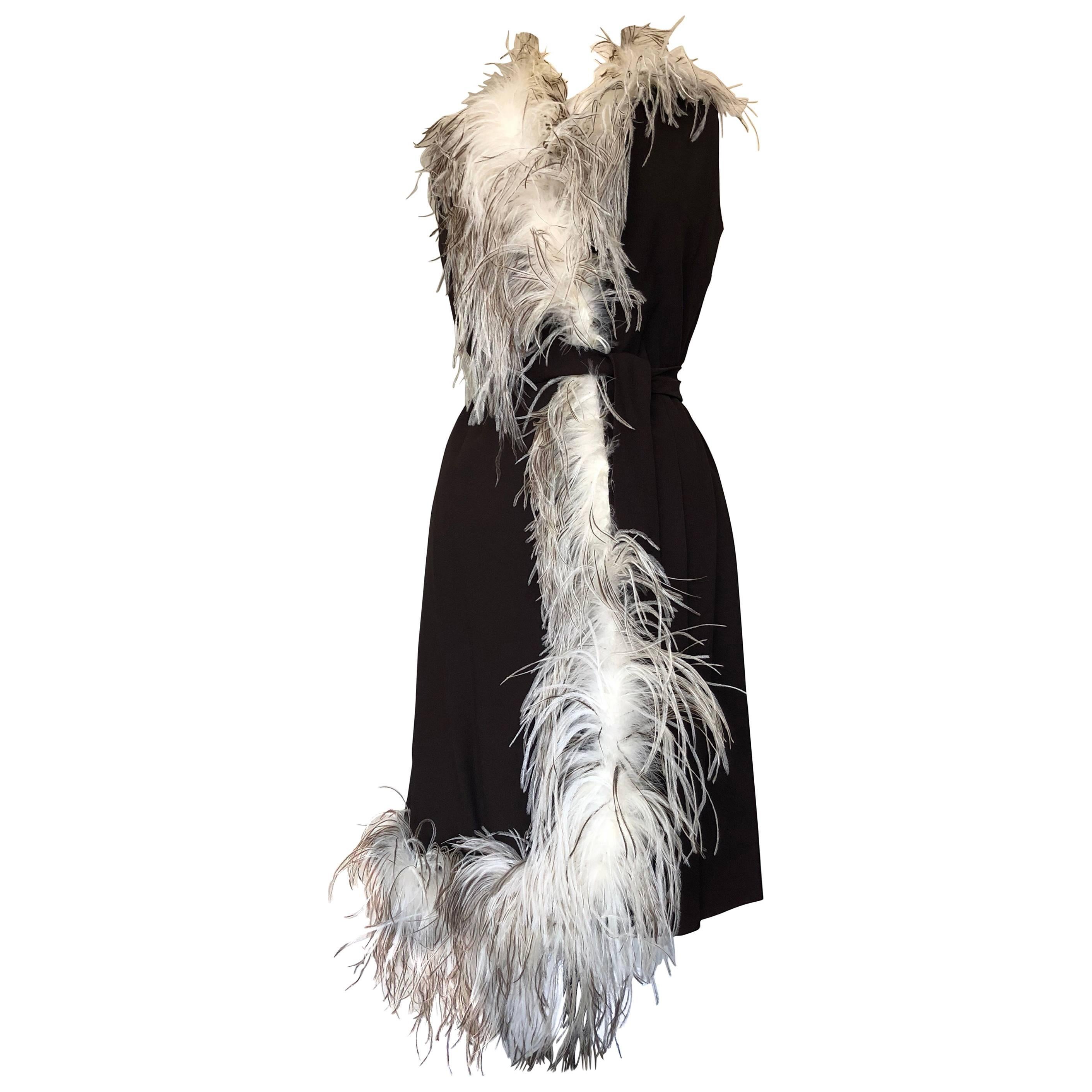 1960s Mr. Gee Black Crepe Wrap Dress W/ Ostrich feather Trim