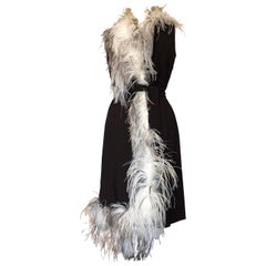 Vintage 1960s Mr. Gee Black Crepe Wrap Dress W/ Ostrich feather Trim