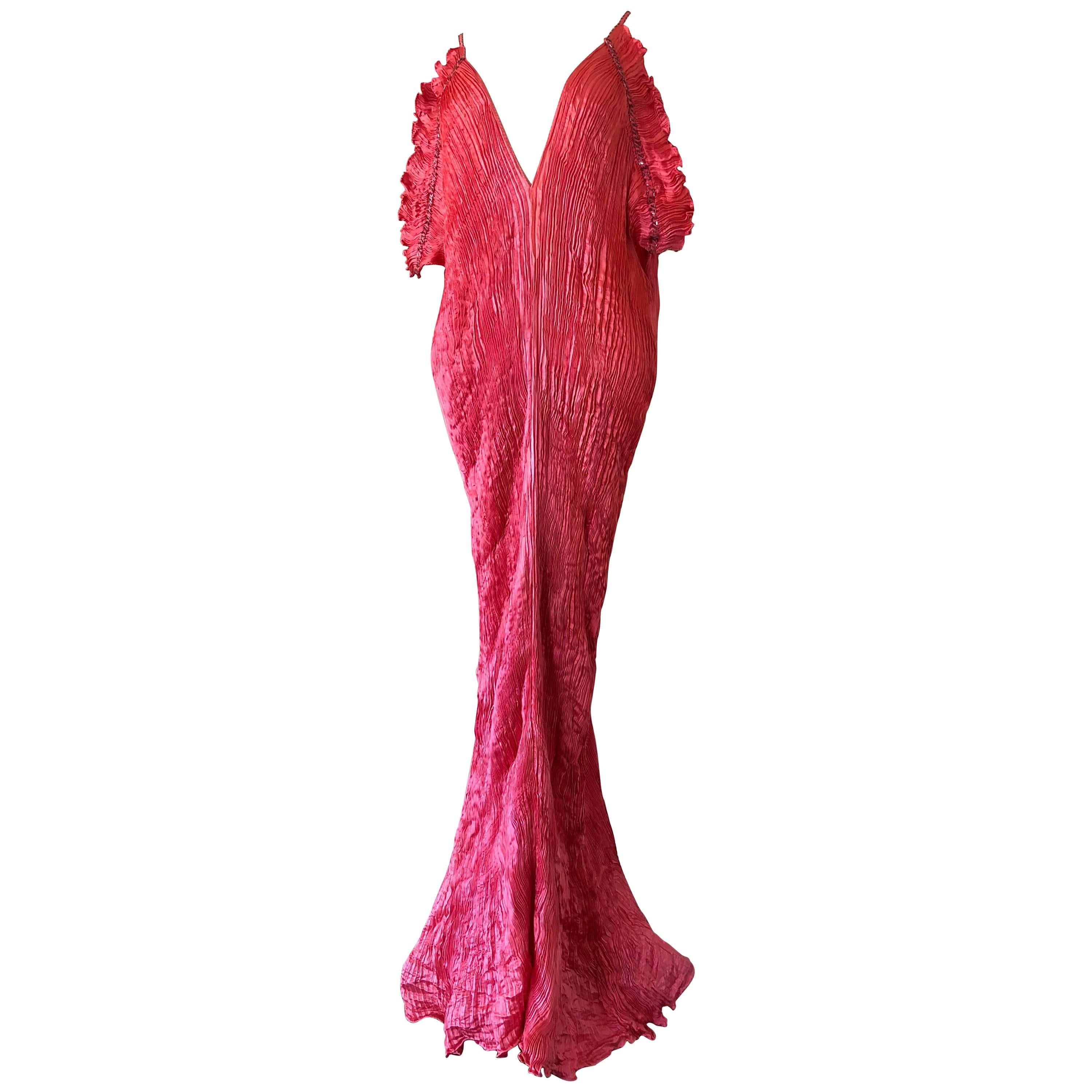 1980s Patricia Lester Coral Silk Fortuny Style Delphos Gown For Sale at  1stDibs