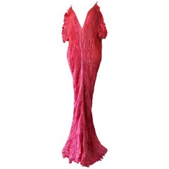1980s Patricia Lester Coral Silk Fortuny Style Delphos Gown