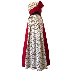1950s Oleg Cassini Tri Colored Silk Taffeta Evening Gown W/ Red Sash Bodice