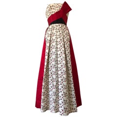 1950s Oleg Cassini Robe de soirée en taffetas de soie tricolore avec corsage à ceinture rouge