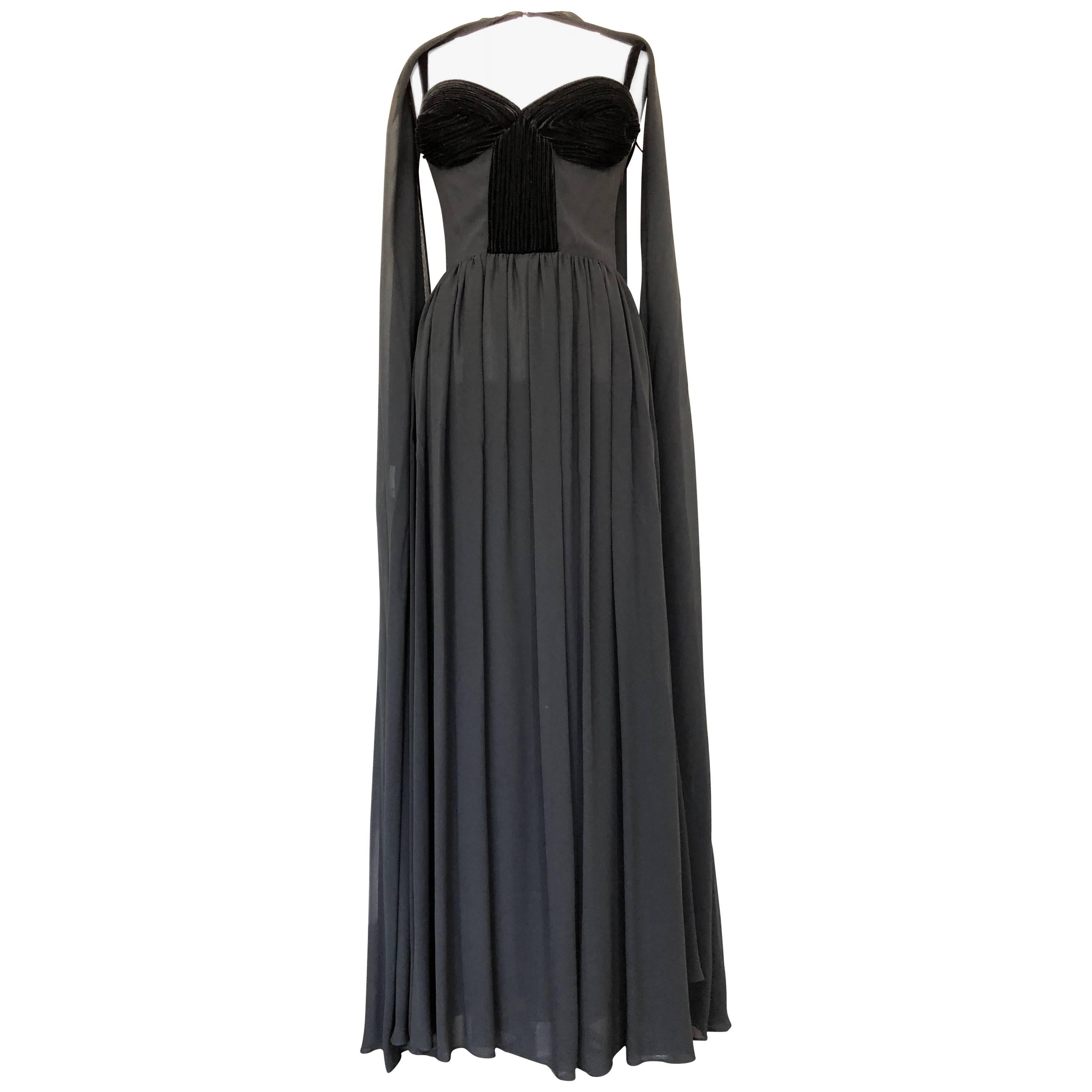 Givenchy By Alexander McQueen Couture Black Silk Chiffon Gown and Cape, 1990s 