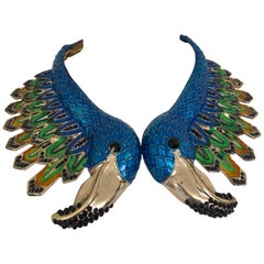 1980s Azure Blue & Gold Deco Enameled Exotic Bird Collar Necklace