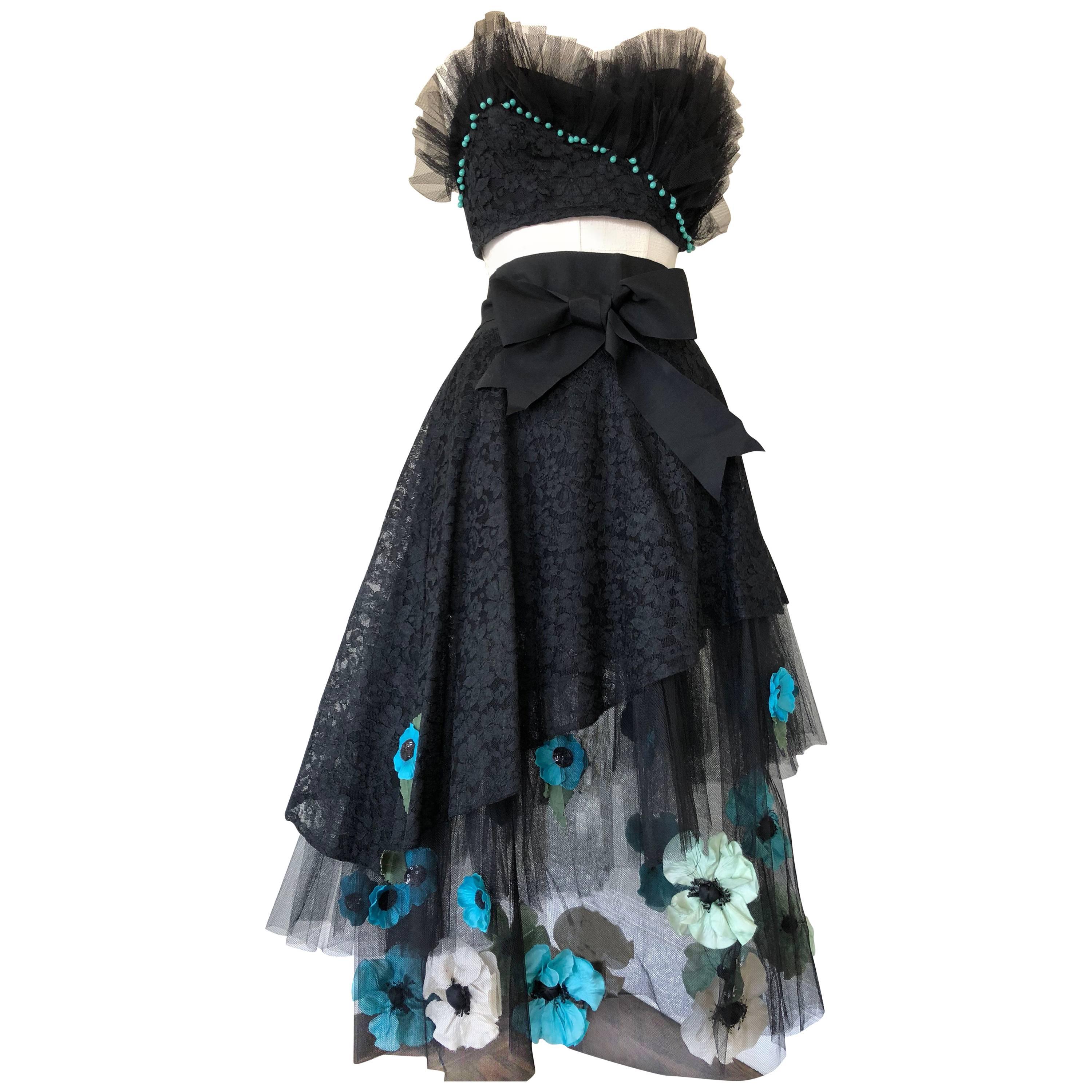 1950s Black Lace & Tulle Skirt Ensemble W/ Colorful Silk Flower Applique  For Sale