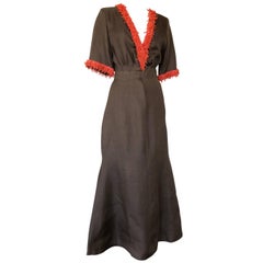 Vintage 1980s Nina Ricci Couture Chocolate Silk Gazar Summer Gown W/ Branch Coral Trim