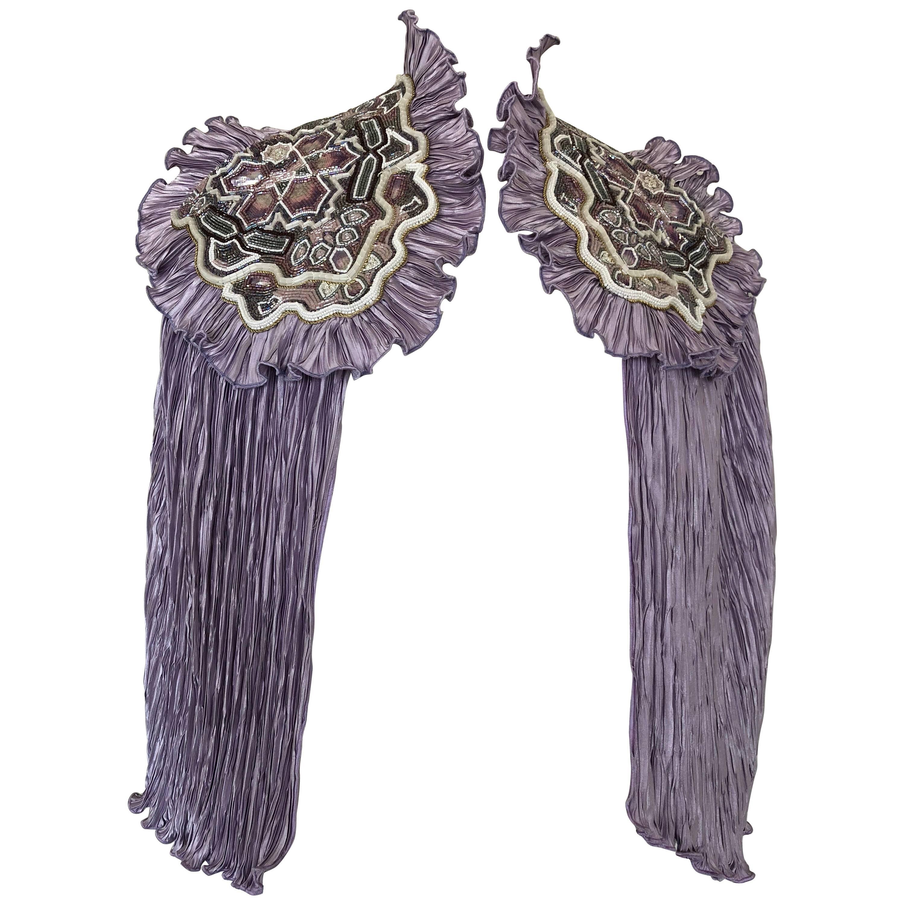 1970s Lavender Pleated Fortuny-Style Silk Capelet With Beaded Shoulder Epaulets