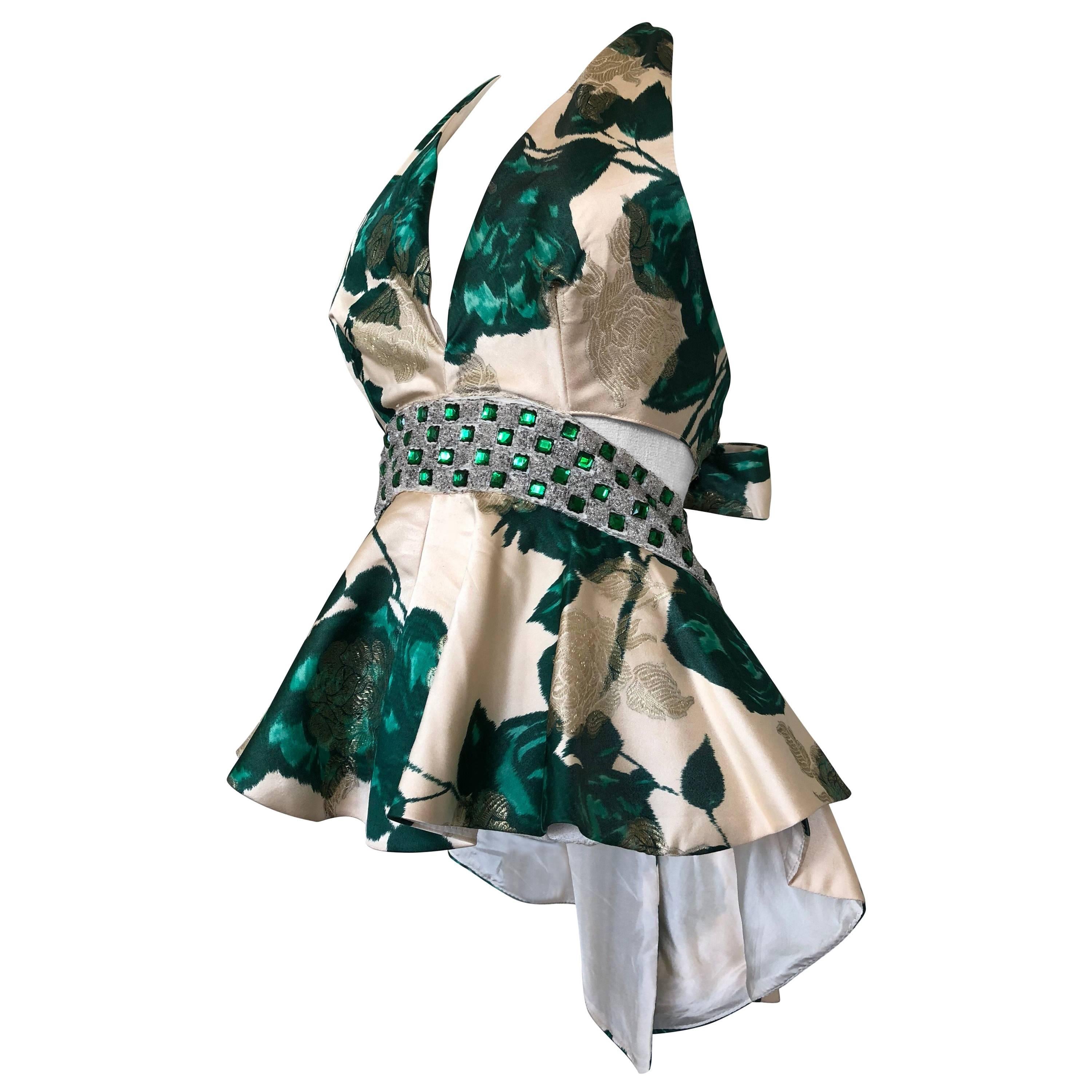 1950s Spring Emerald Water Color Floral Brocade Halter Top W/ Peplum & Back Tie