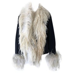 Retro 1960s Black Wool And Cashmere Boxy Cut Jacket W/ Heavy Ostrich Feather Trim 