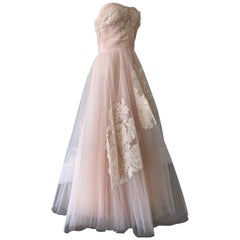 Vintage 1950s Pink Champagne Tulle Party Dress W/ Lace & Sequin Bodice & Trim