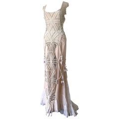 Artisanal -Made Bell Epoch White Crochet & Macrame Maxi Dress W Rope Tie Back