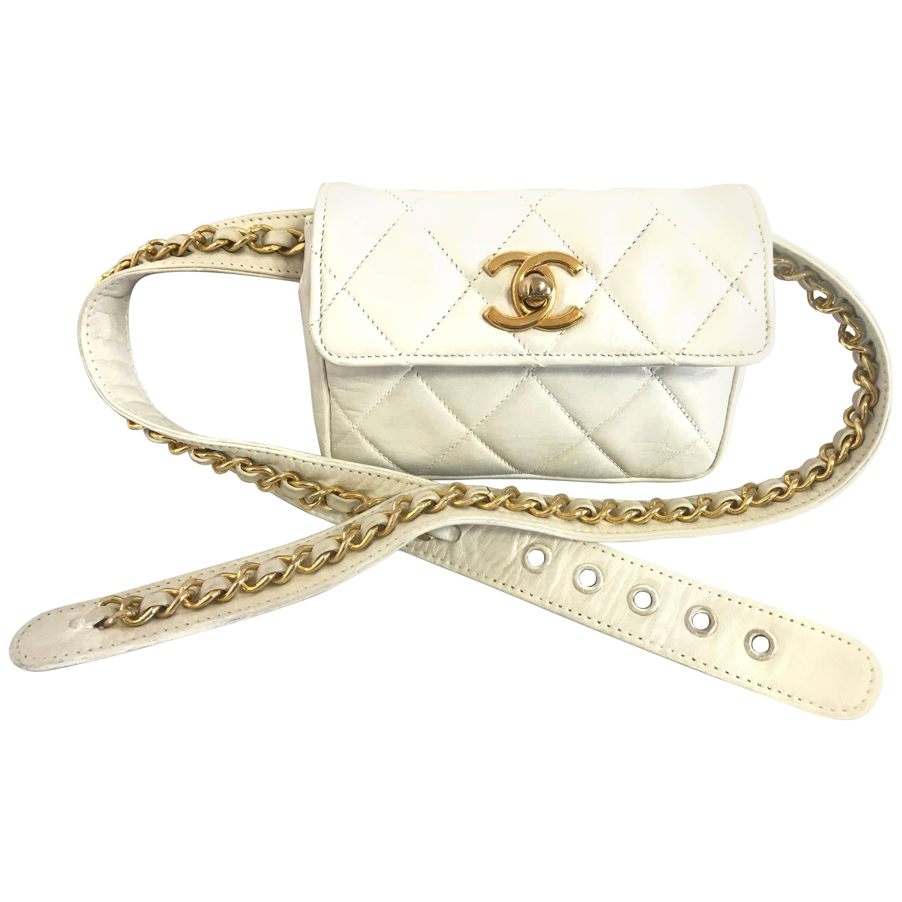 Chanel Vintage small white waist purse fanny pack hip bag with gold CC motif 