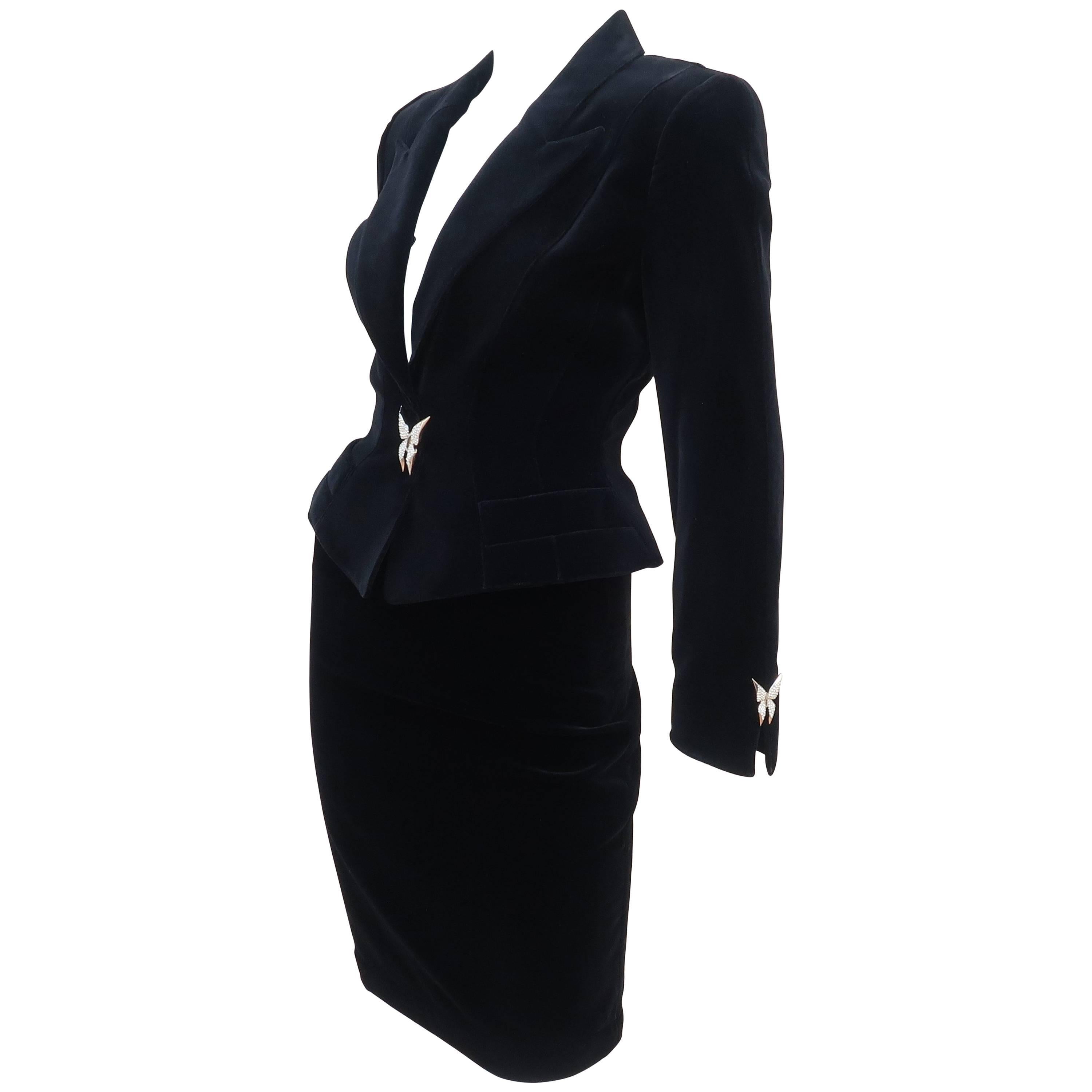 Vintage Thierry Mugler Black Velvet Wasp Waist Suit With Butterfly Buttons