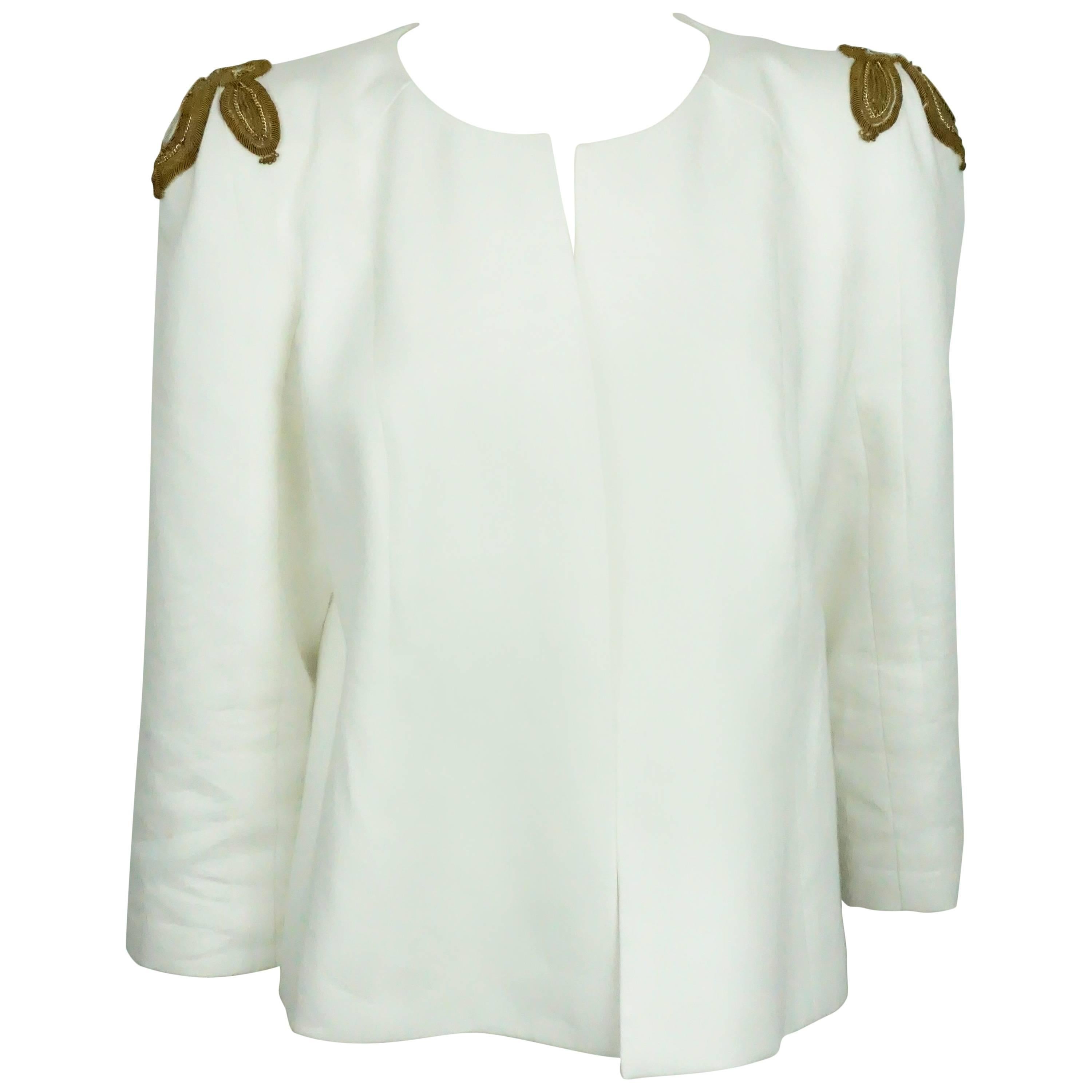 Style Paris White Linen Jacket w/ Gold Sequin Detail On Shoulder - 42 - NWT For Sale