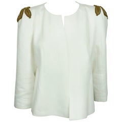 Style Paris White Linen Jacket w/ Gold Sequin Detail On Shoulder - 42 - NWT