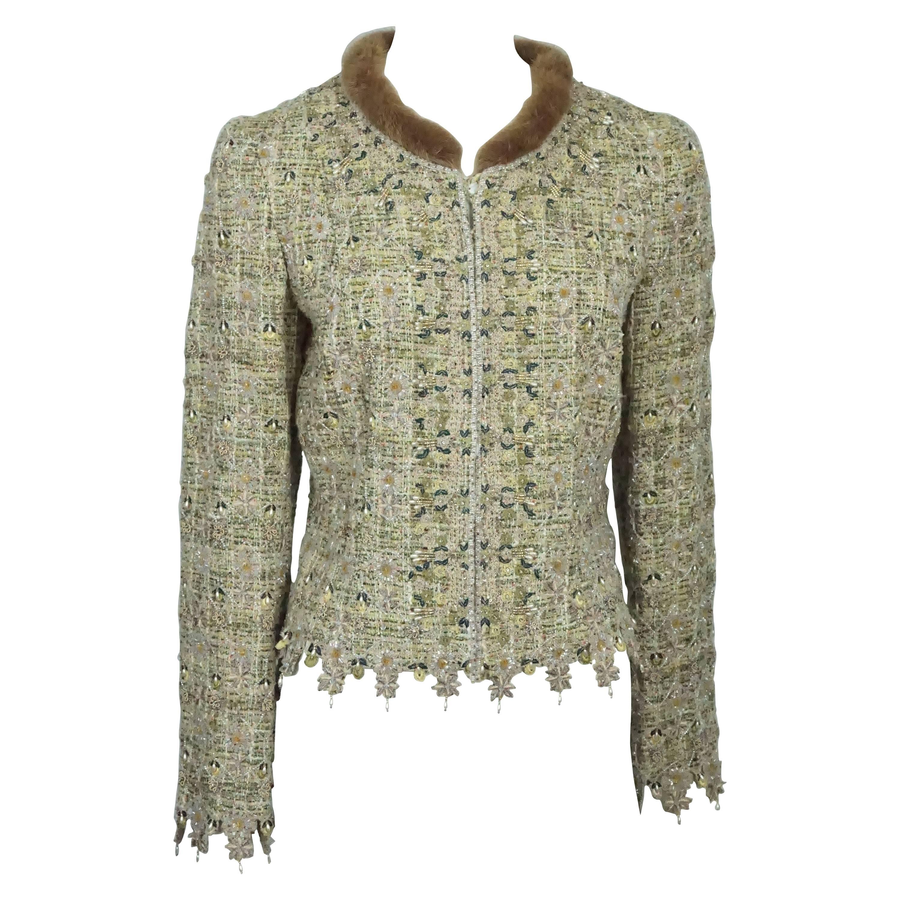 Rena Lange Pastel Embroidered and Beaded Embellished Jacket w/ fur collar- 42