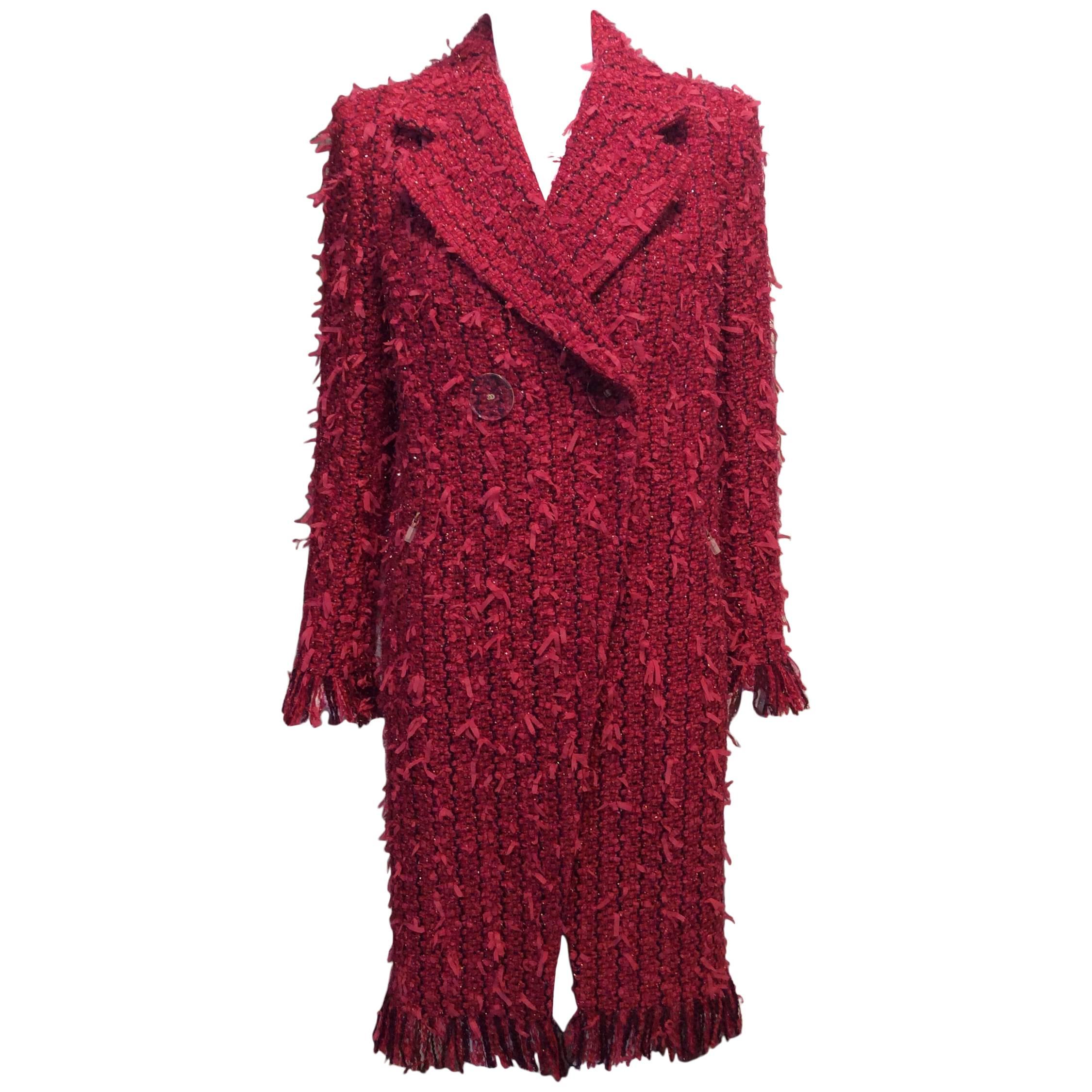 Chanel Raspberry and Plum Full-Length Tweed Coat with Fringe Sz Fr36, Us4