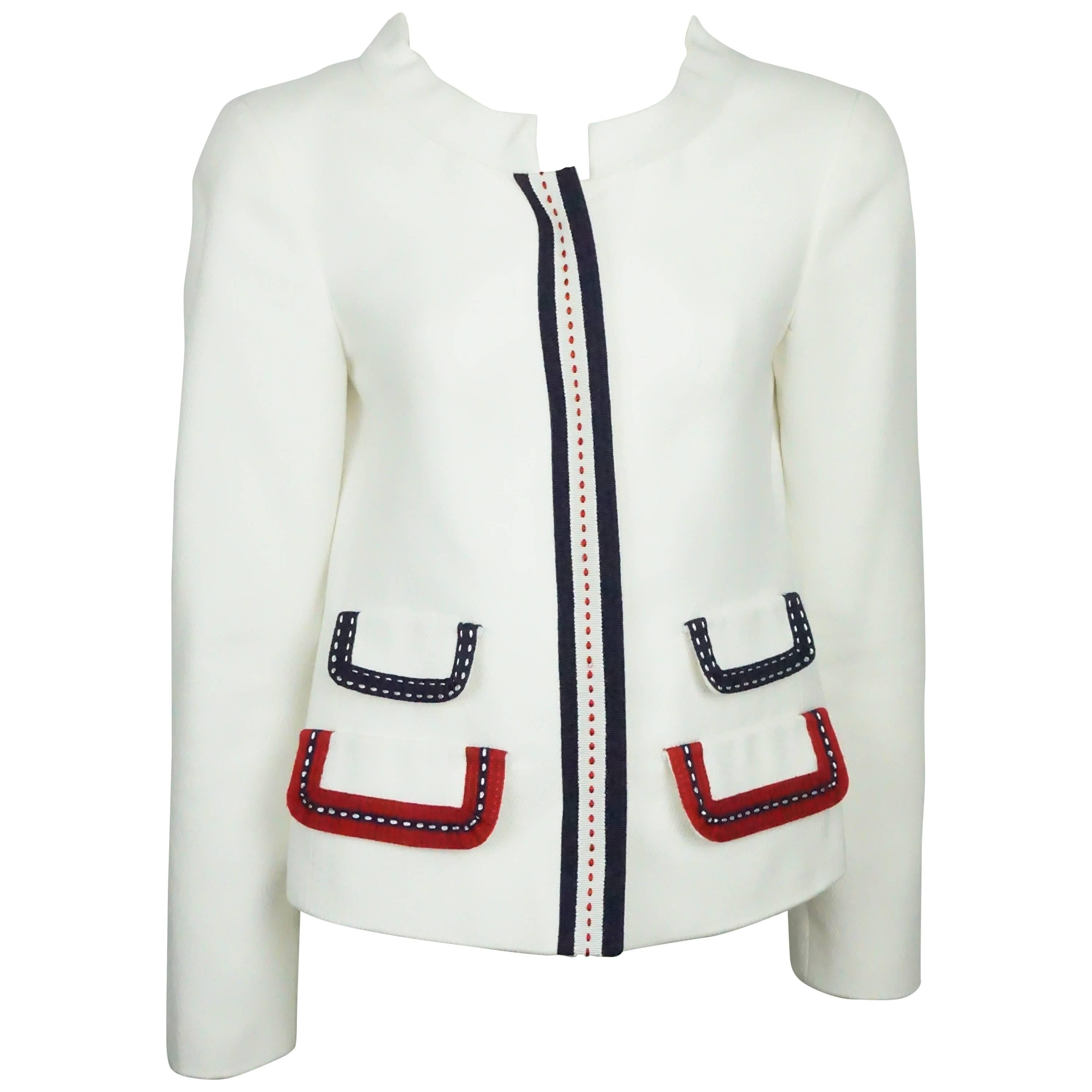 D & G White Cotton Jacket w/ Red/White/Blue Stitched Ribbon Trim - 42