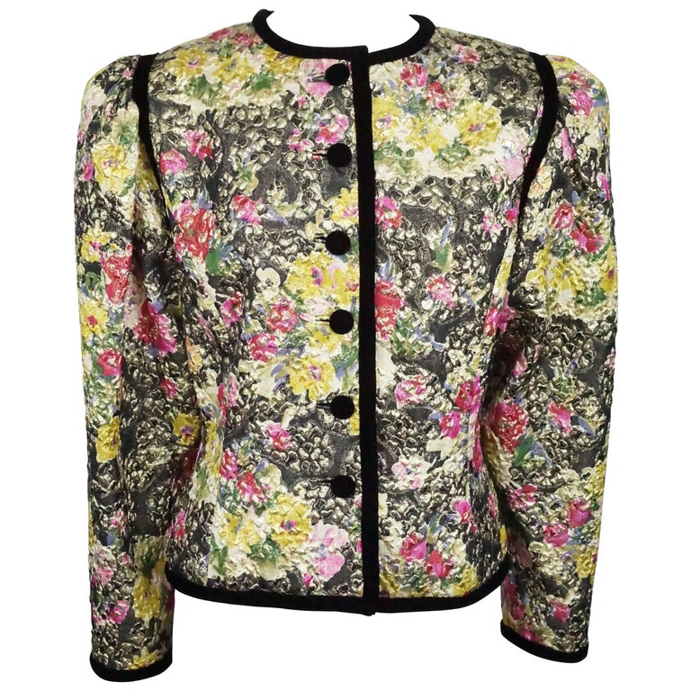 Oscar De La Renta Multi Metallic Floral Brocade Jacket w/ Black Trim ...