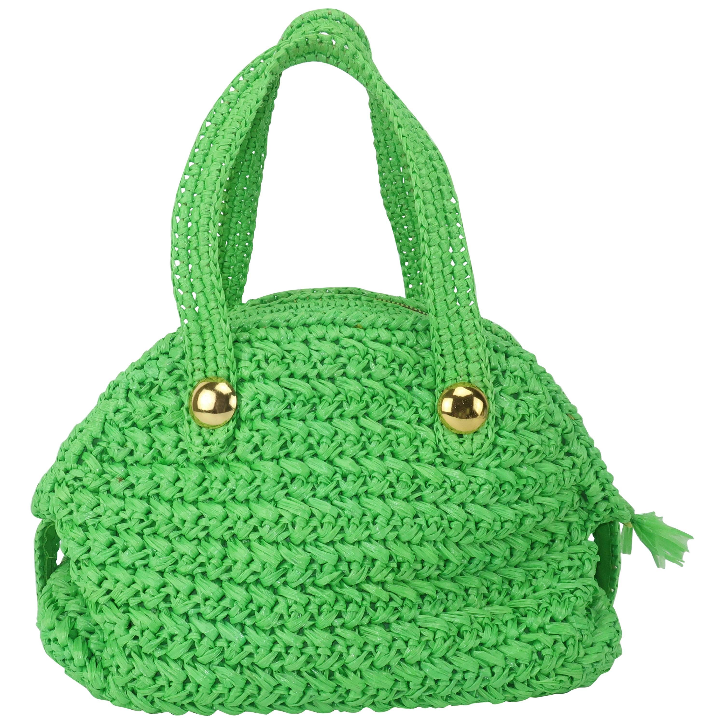 1960's Marchioness Green Straw Satchel Handbag