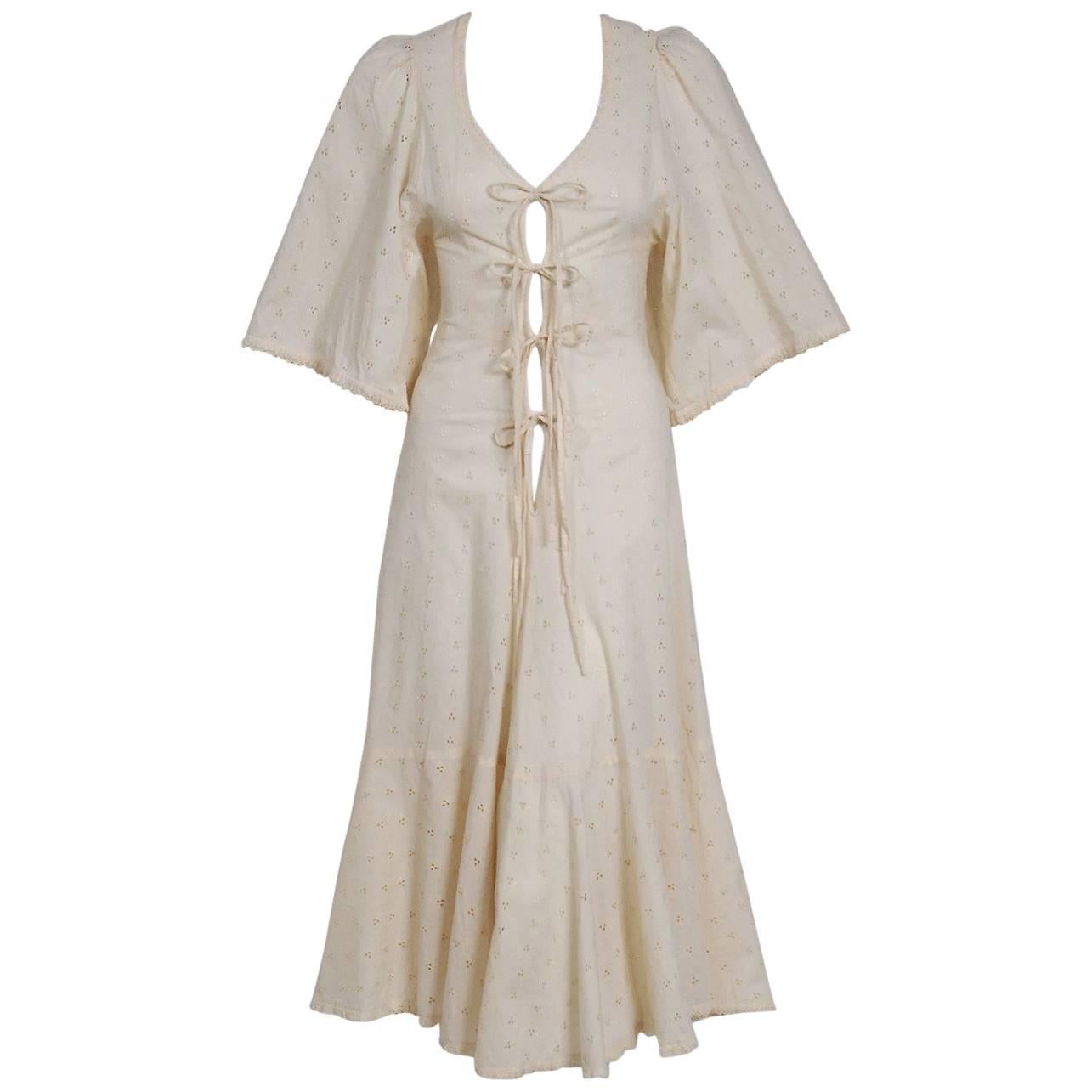 1972 Biba London Creme Eyelet Cotton Flutter Sleeve Plunge Lace-Up Dress