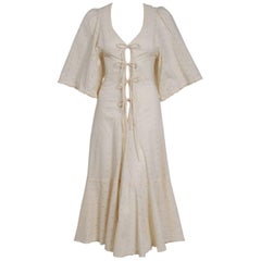 1972 Biba London Creme Eyelet Cotton Flutter Sleeve Plunge Lace-Up Dress