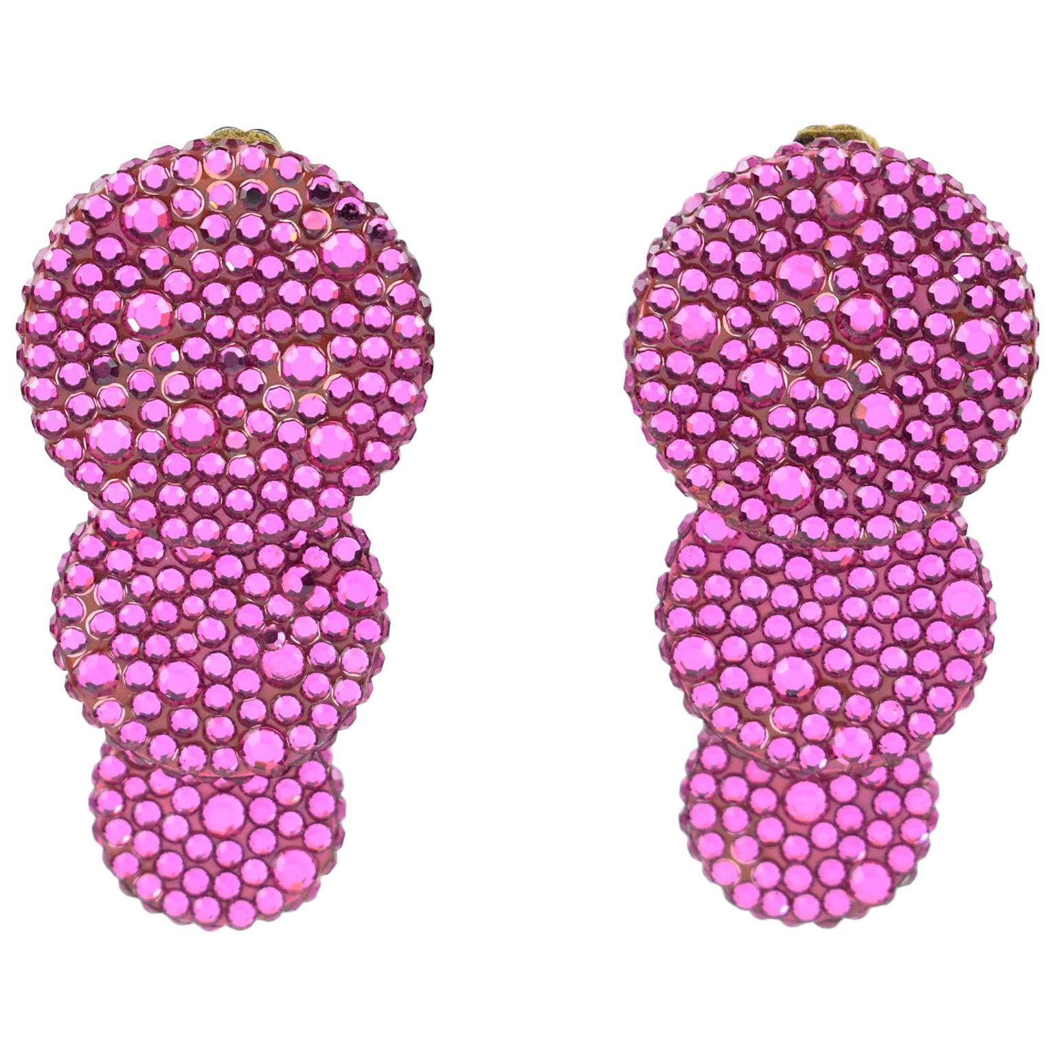 Richard Kerr Dangle Clip on Earrings Fuchsia Pink Rhinestones Paved