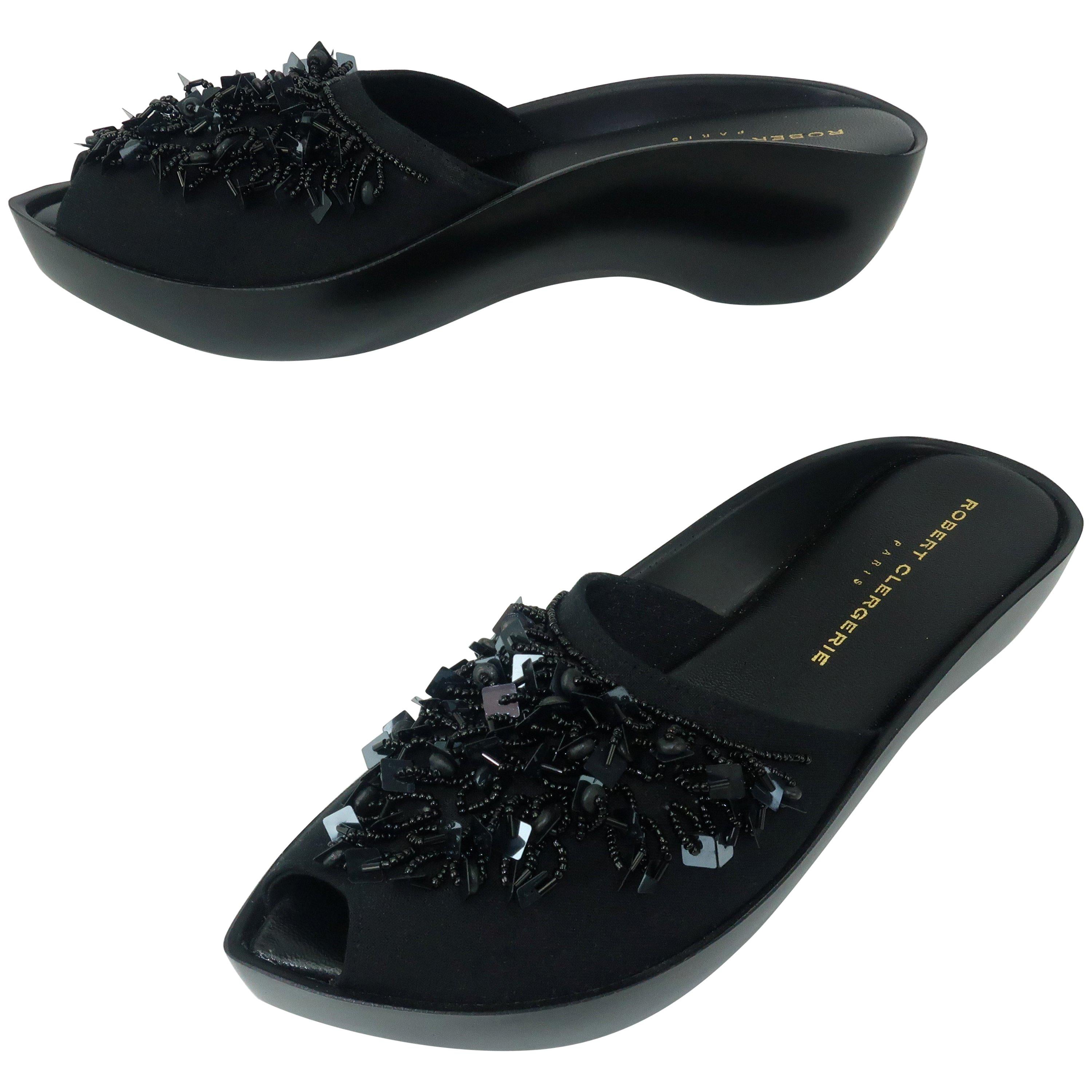 Robert Clergerie Black Canvas Beaded 'Fruit' Slide Sandals Sz 8 1/2B