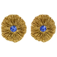 Yves Saint Laurent YSL Textured Gilt Metal Blue Rhinestone Clip on Earrings Vintage Yves Saint Laurent YSL Textured Gilt Metal Blue Rhinestone Clip on Earrings