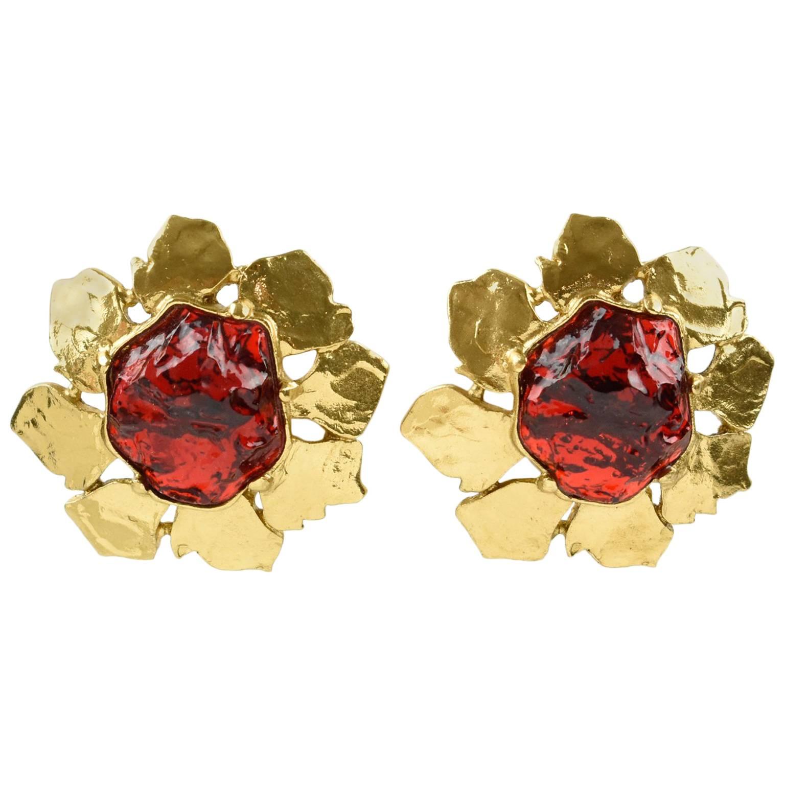 Yves Saint Laurent YSL Clip on Earrings Floral Gilt Metal Ruby Red Rhinestone