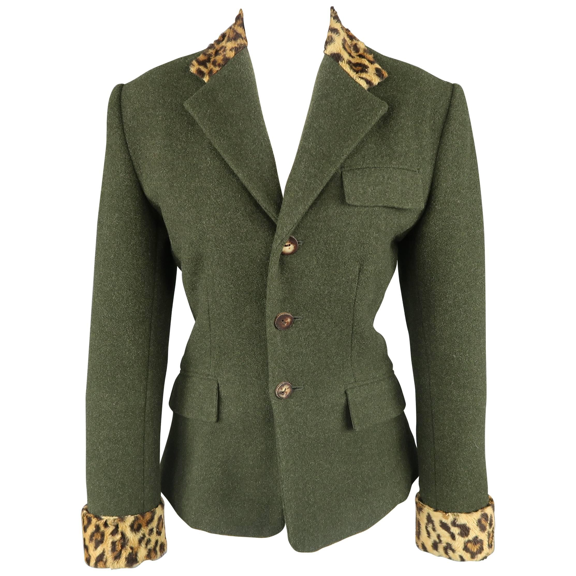 RALPH LAUREN Size 4 Green Wool / Cashmere Leopard Collar Jacket
