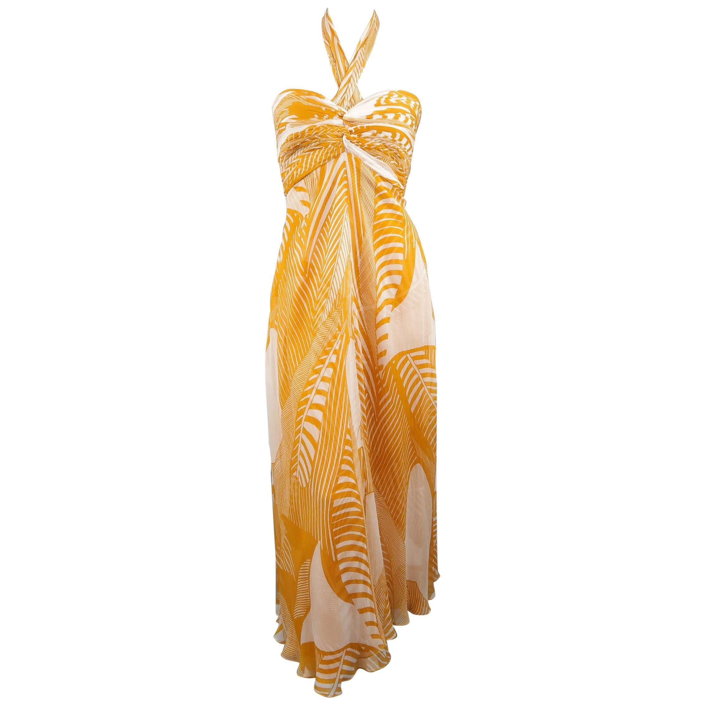 MONIQUE LHUILLIER Dress - Size 8 Mustard & Cream Print Silk Halter Cocktail