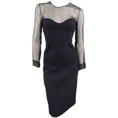 PRADA Size 6 Navy Wool Black Sheer Top Cocktail Dress