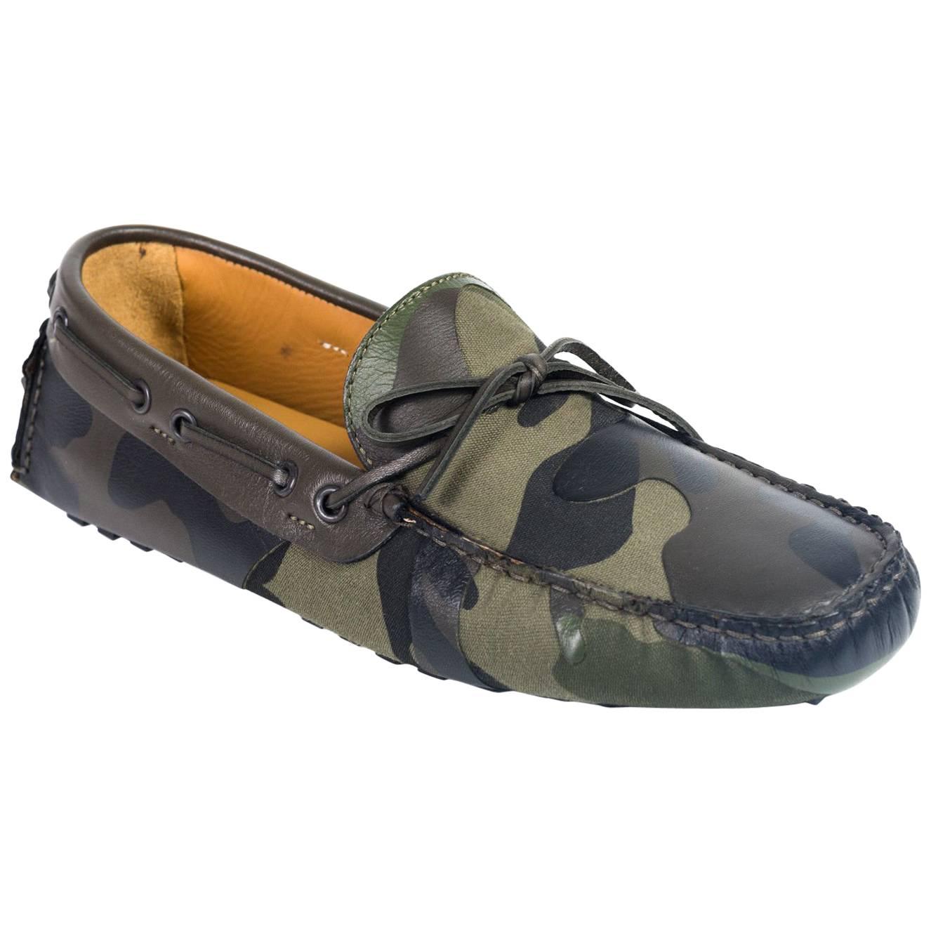 Valentino Mens Green Camouflage Print Canvas Leather Drivers For Sale