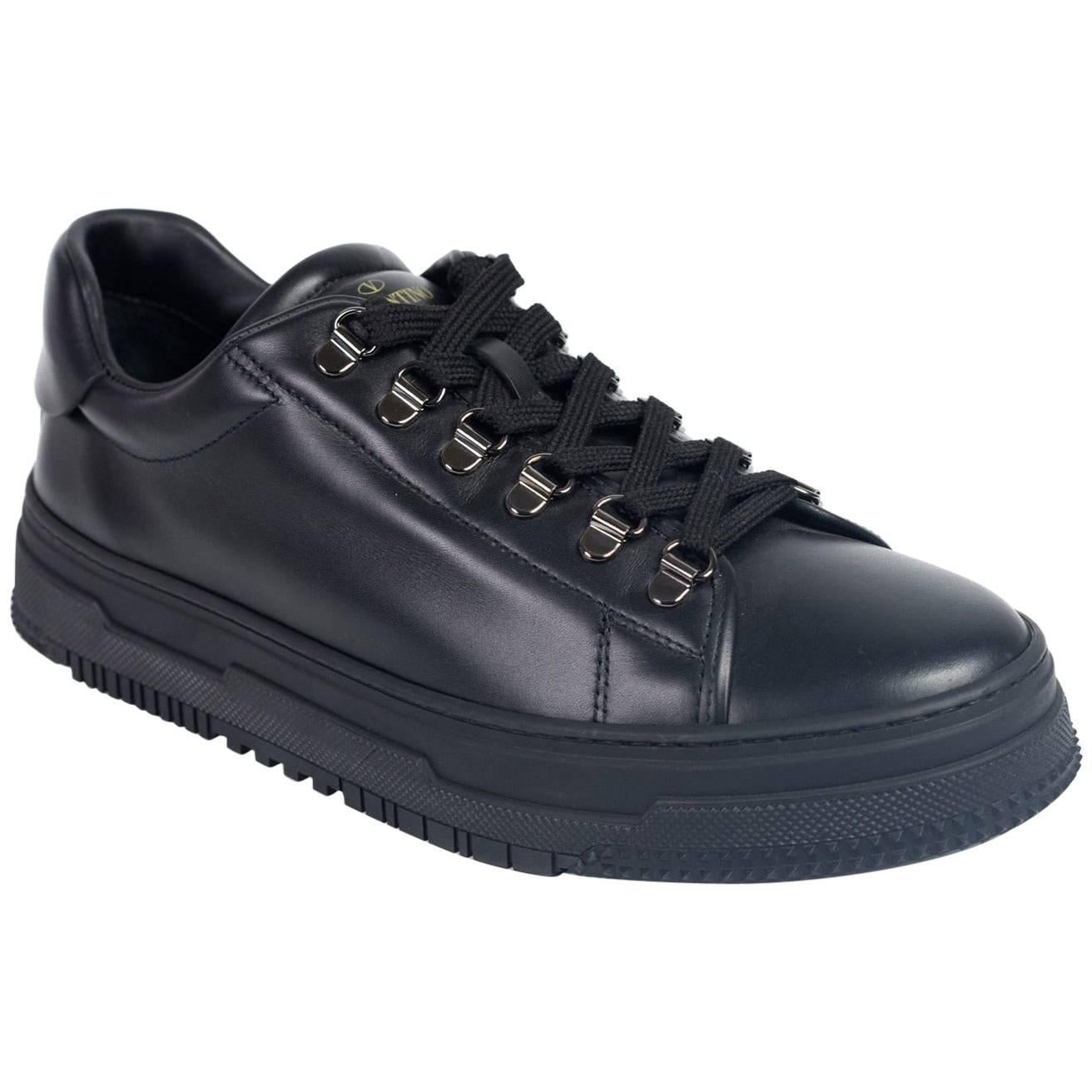 Valentino Mens Black Leather Low Top Lace Platform Sneakers For Sale