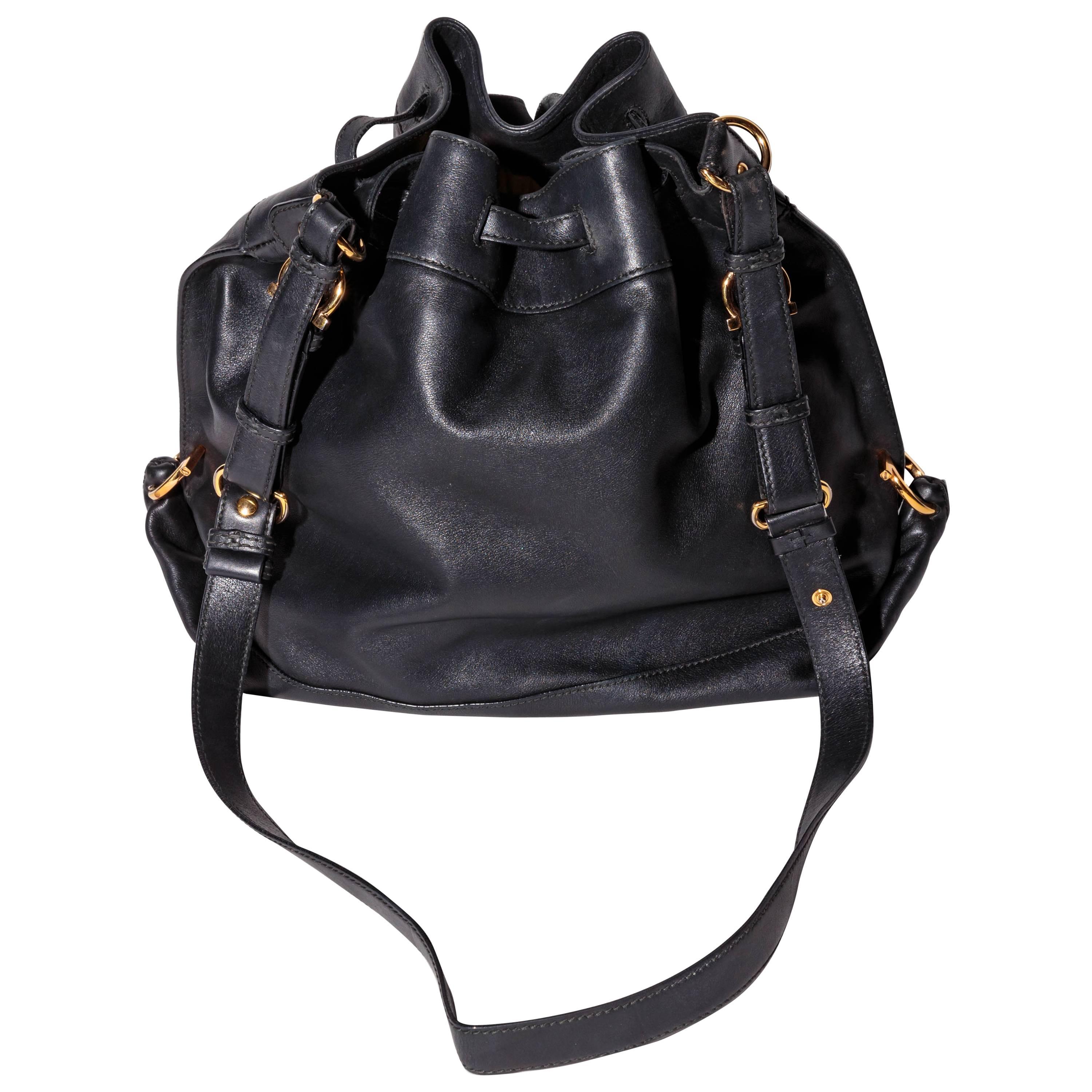 Ferragamo Drawstring Bucket Shoulder Bag with Gold Hardware / Crossbody