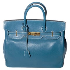 Hermes Horseshoe HAC Birkin in Blue Thalassa Leather with Gold HW