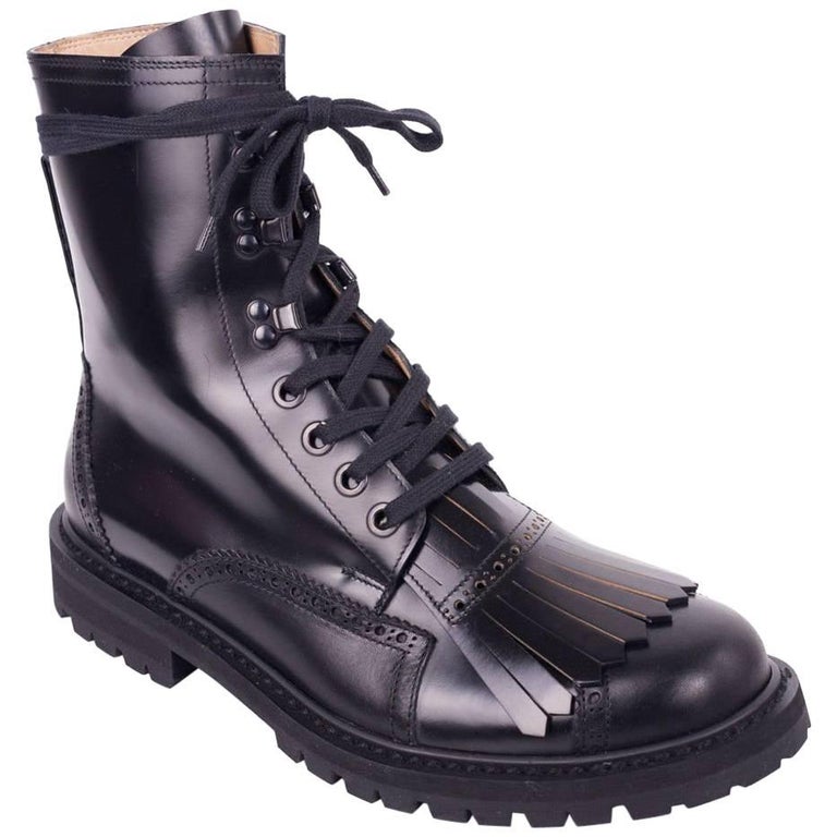 Dries Van Noten Mens Black Fringed Brogue Combat Boots For Sale at