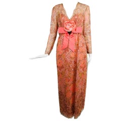 Retro Sarmi Coral metallic woven painted tulle sequined evening dress 1960s