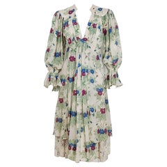 Retro 1973 Ossie Clark Couture Celia Birtwell Floral Print Tiered Silk Chiffon Dress