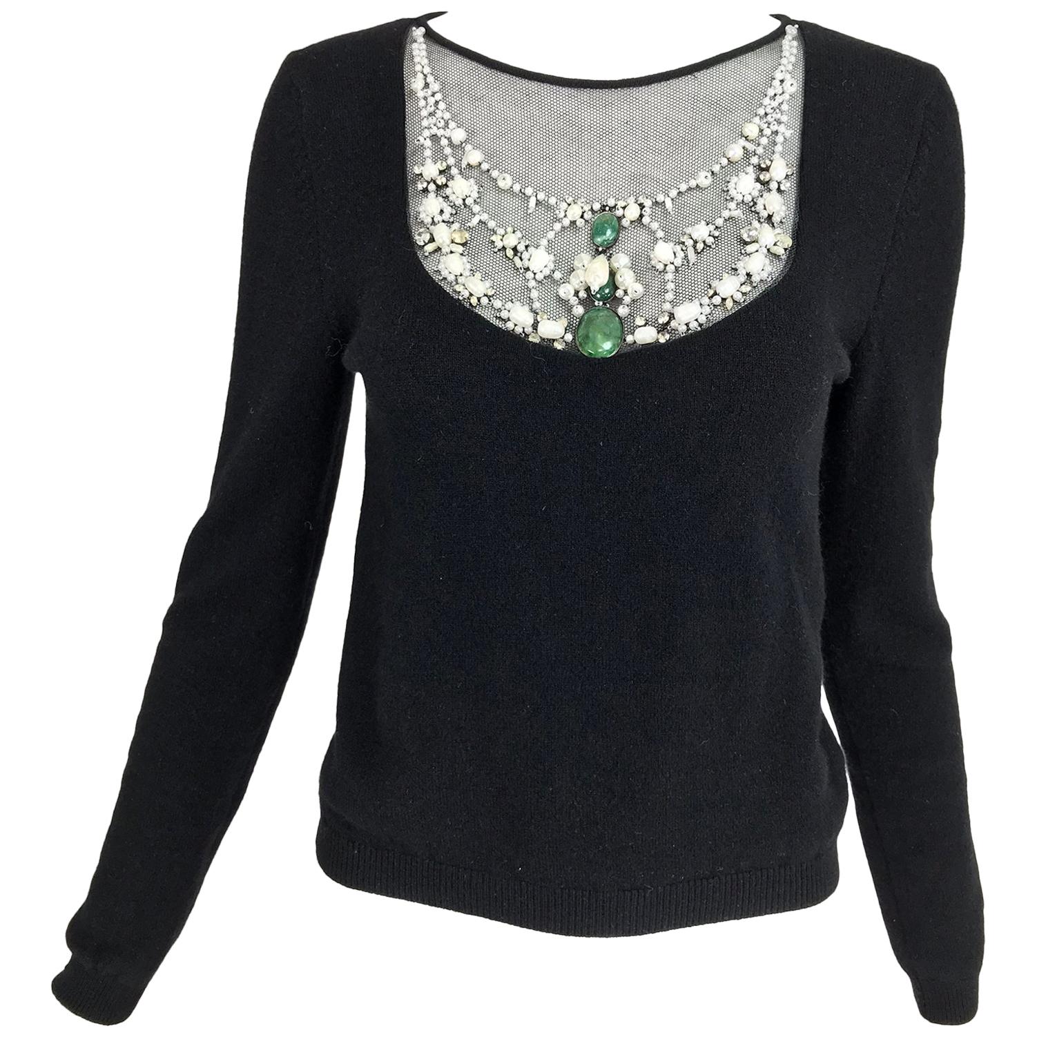 Oscar de la Renta jewel decorated neckline black sweater