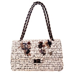 Chanel Garden Charm 2.55 Double Flap White & Black Tweed Shoulder Bag 