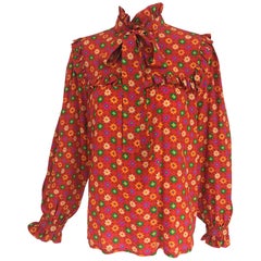 Yves Saint Laurent Floral print bow tie silk blouse, 1970s