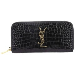 Saint Laurent Classic Monogram Zip Around Wallet Crocodile Embossed Leather 