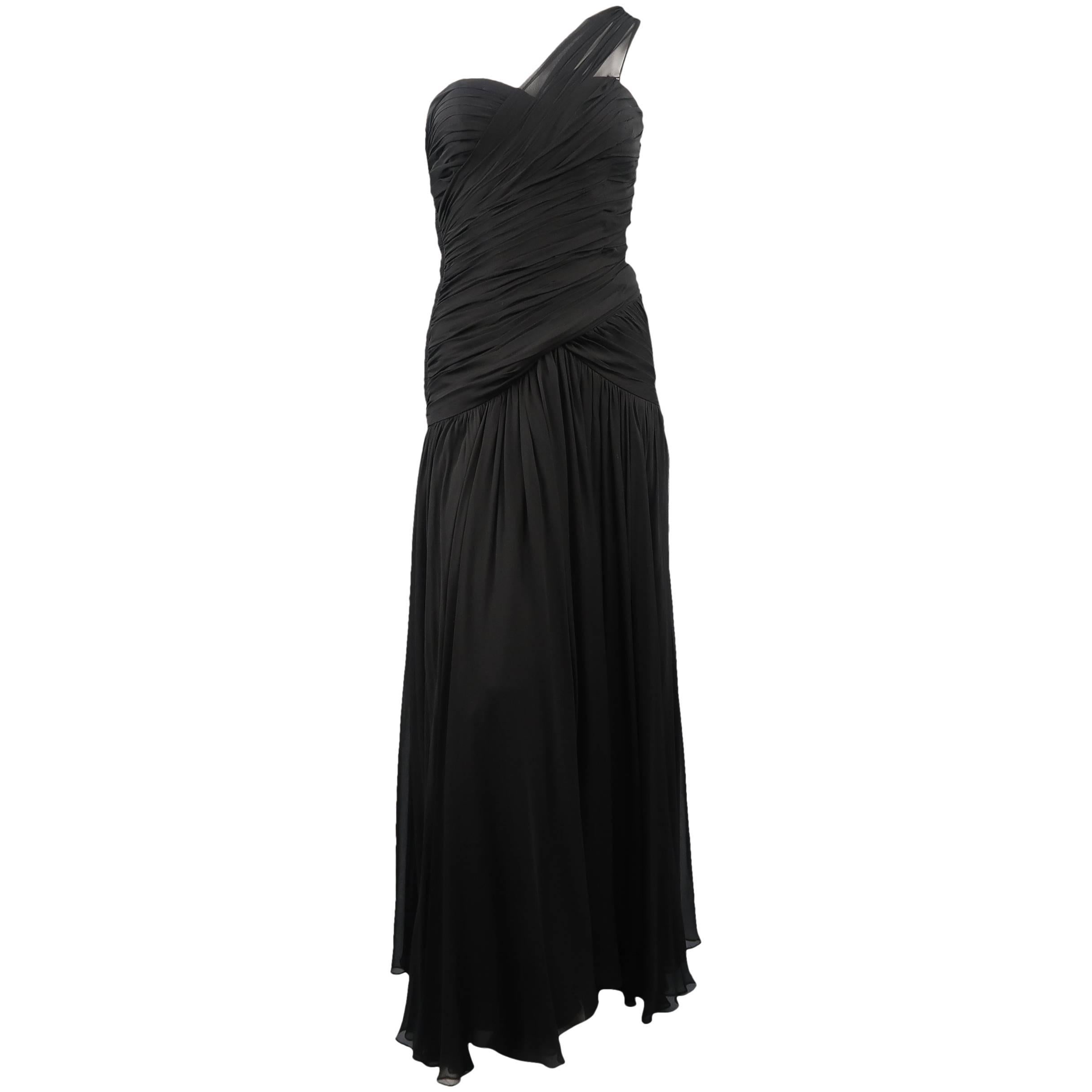 ADELE SIMPSON Size 8 Black Pleated Silk One Shoulder Sweetheart Cocktail Dress